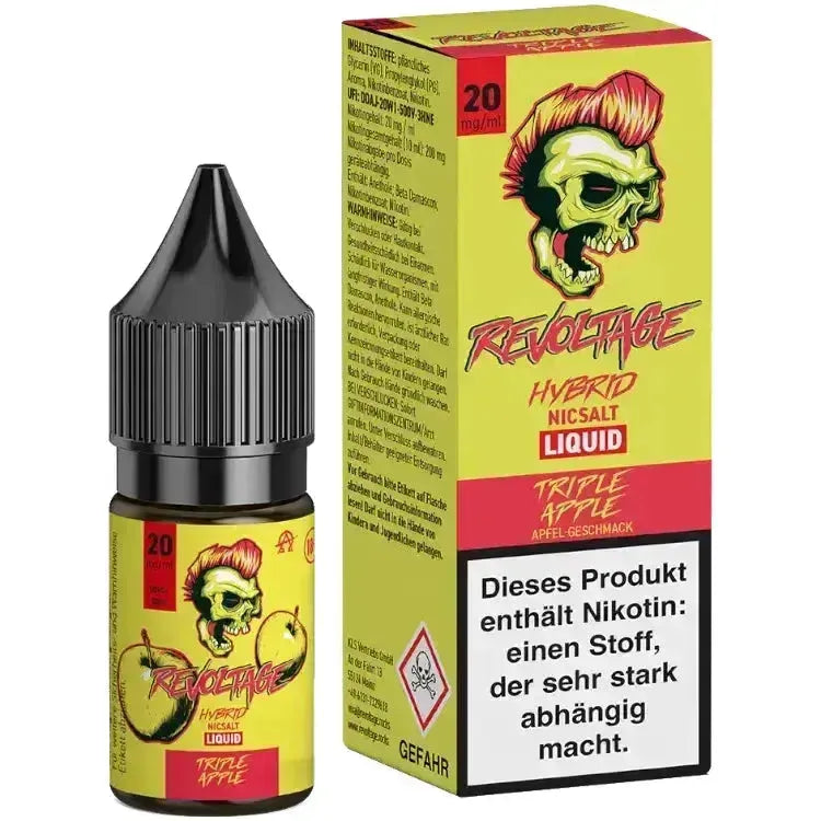 Revoltage Triple Apple Hybrid Nikotinsalz Liquid in 10ml bottle, delivers sweet and fruity apple flavor for vaping.